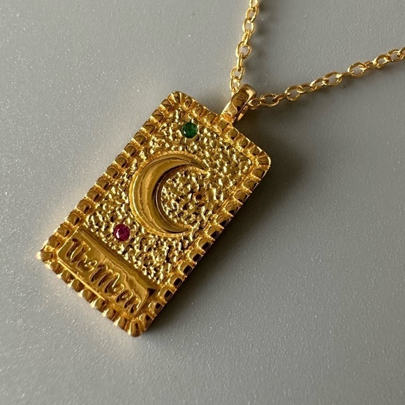 24k Gold Vermeil and Gemstone Moon and Stars Medallion Necklace - Picture 9 of 10